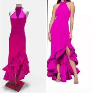 Fuchsia Halter Mermaid Gown Ruffle Hem High Low Formal Dress Size 2
